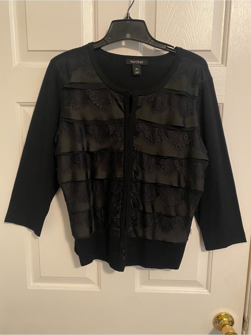 Elegant Black House White Market Lace Ruffle Front Cardigan L/XL